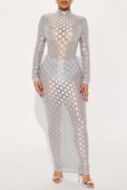Silver sexiga rutigt genomskinliga långärmade klänningar med turtleneck