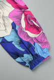 Blu vintage elegante stampa patchwork floreale senza schienale con spalle scoperte manica lunga due pezzi