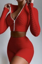 Red Casual Sportswear Solid Patchwork Zipper Collar Long Sleeve Two Pieces