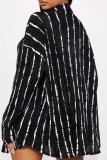 Черная повседневная рубашка в полоску с принтом, базовый рубашечный воротник с длинным рукавом, две детали
