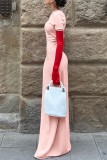 Roze casual effen patchwork contrasterende O-hals jurken met lange mouwen