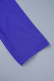 Bleu Royal Élégant Solide Patchwork Frenulum Métal Accessoires Décoration Fente Col En V Enveloppé Jupe Robes