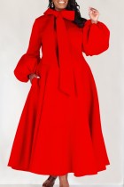 Vermelho casual sólido com laço meia gola alta vestidos de manga comprida