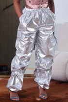 Серебряный Повседневный Уличный Однотонный Лоскутный карман Прямые прямые однотонные брюки с высокой талией