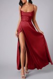 Красное сексуальное повседневное однотонное длинное платье с открытой спиной и перекрестными бретелями с разрезом на бретельках