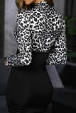 Robes décontractées blanches à manches longues et col en V avec patchwork léopard imprimé
