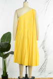 Gele elegante effen patchwork vouw schuine kraag A-lijn jurken