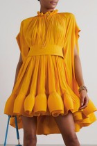 Gele casual effen patchwork volant O-hals A-lijn jurken