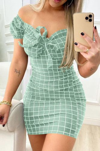 Light Green Casual Plaid Print Patchwork Frenulum V Neck Short Sleeve Dress