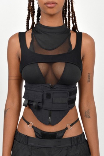 Black Sexy Casual Solid Patchwork See-through Half A Turtleneck Tops