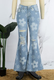 Blå Casual Print Ripped High Waist Regular Denim Jeans