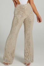 Apricot Casual Patchwork Sequins Skinny High Waist Conventional Patchwork Trousers