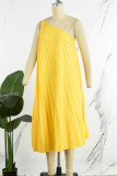 Gelbe, elegante, solide Patchwork-Kleider mit schrägem Kragen und A-Linie