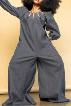 ネイビー ブルー カジュアル ソリッド パッチワーク メタル アクセサリー 装飾 非対称襟 ルーズ ジャンプスーツ