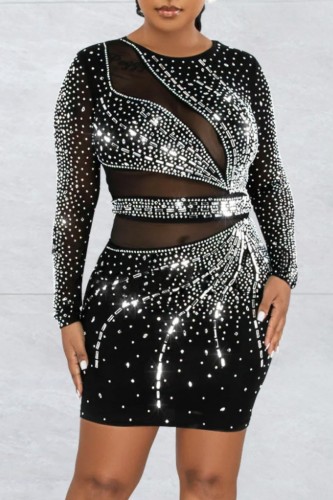 Black Sexy Patchwork Hot Drilling See-through O Neck Long Sleeve Dresses