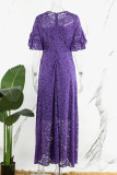 Púrpura Tallas grandes Casual Elegante Malla de encaje sólido O Cuello Línea A Vestidos de tallas grandes (sin cinturón)