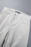 Branco casual sólido rasgado patchwork cintura média jeans regular (sujeito ao objeto real)