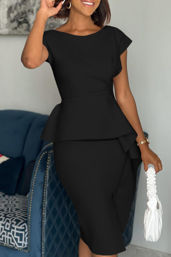 Black Casual Solid Patchwork O Neck Short Sleeve Dress