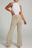 Pantalones de patchwork convencionales de cintura alta ajustados con lentejuelas y patchwork informales blancos