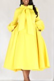 Blue Casual Solid With Bow Half A Turtleneck Long Sleeve Dresses