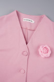 Rosa Elegant Solid Patchwork Spänne V-hals A Line Klänningar (med ett bälte)