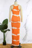 Oranje sexy casual print rugloze spaghettibandjes lange jurkjurken