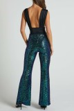Malachite Green Casual Patchwork Sequins Skinny High Waist Conventional Patchwork Trousers
