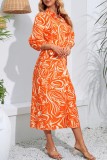 オレンジ カジュアル プリント 小帯 スリット ターンダウン カラー 長袖 ドレス