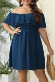 Blue Casual Solid Patchwork O Neck Short Sleeve Dress Plus Size Dresses