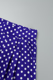 Blaue, lässige Street-Dot-Print-Patchwork-Taschenfalte, gerade, hohe Taille, weites Bein, voll bedruckte Hose