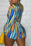 Multicolor Street Geometric Striped Print Bandage Draw String Printing Turndown Collar Long Sleeve Two Pieces Fron Tie Blouse And Short Set