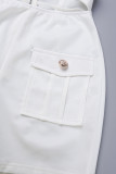 Weißer sexy Street Solid Patchwork-Taschen-Umlegekragen-gerader Strampler