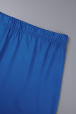 Colletto obliquo patchwork con stampa casual blu Plus Size Due pezzi