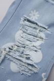 Blue Casual Print Ripped High Waist Regular Denim Jeans