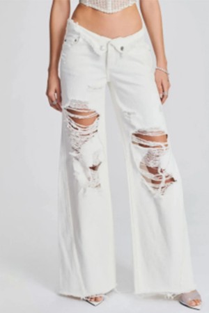 White Casual Solid Patchwork Mid Waist Regular Wide Leg Baggy Ripped Denim Jeans (Subject To The Actual Object)