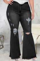 Schwarze, lässige, tägliche, solide, zerrissene Patchwork-Jeans in Übergröße