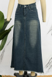 Saias jeans regulares de cintura alta com retalhos lisos azuis casuais