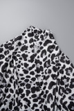 Weiße, lässige, langärmlige Kleider mit Leoparden-Patchwork-Print und V-Ausschnitt