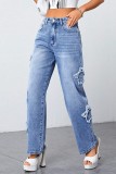 Blue Casual Solid Straight Women's Y2k High Rise Baggy Pants Stars Cargo Denim Jeans