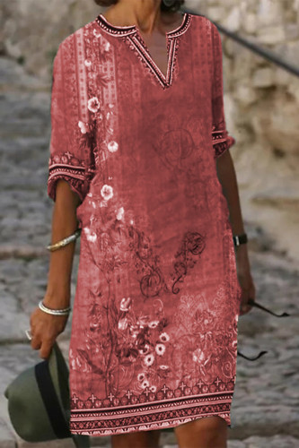 Red Casual Bohemian Print O Neck Short Sleeve Dress Dresses