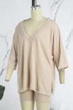 Dark Brown Casual Solid Basic V Neck Short Sleeve Two Pieces