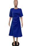 Blue Casual Solid Patchwork O Neck Short Sleeve Dress