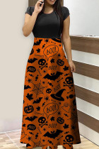 Oranje casual print patchwork O-hals jurk met korte mouwen