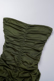 Army Green Casual Solid Backless Fold Strapless One Step Skirt Dresses
