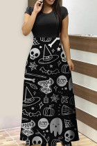 Zwarte casual print patchwork O-hals jurk met korte mouwen