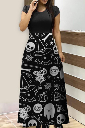 Schwarzes, lässiges Patchwork-Kleid mit O-Ausschnitt und kurzen Ärmeln