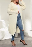 Cream White Casual Solid Cardigan Plus Size Overcoat