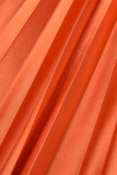 Robe longue décontractée orange, couleur unie, ajourée, dos nu, plissée, col oblique