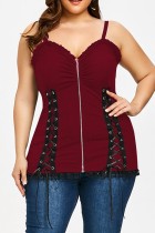 Borgonha Sexy Casual Sólido Patchwork Backless Spaghetti Strap Plus Size Tops