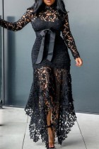 Zwarte sexy casual effen uitgeholde asymmetrische coltrui-jurken met lange mouwen
